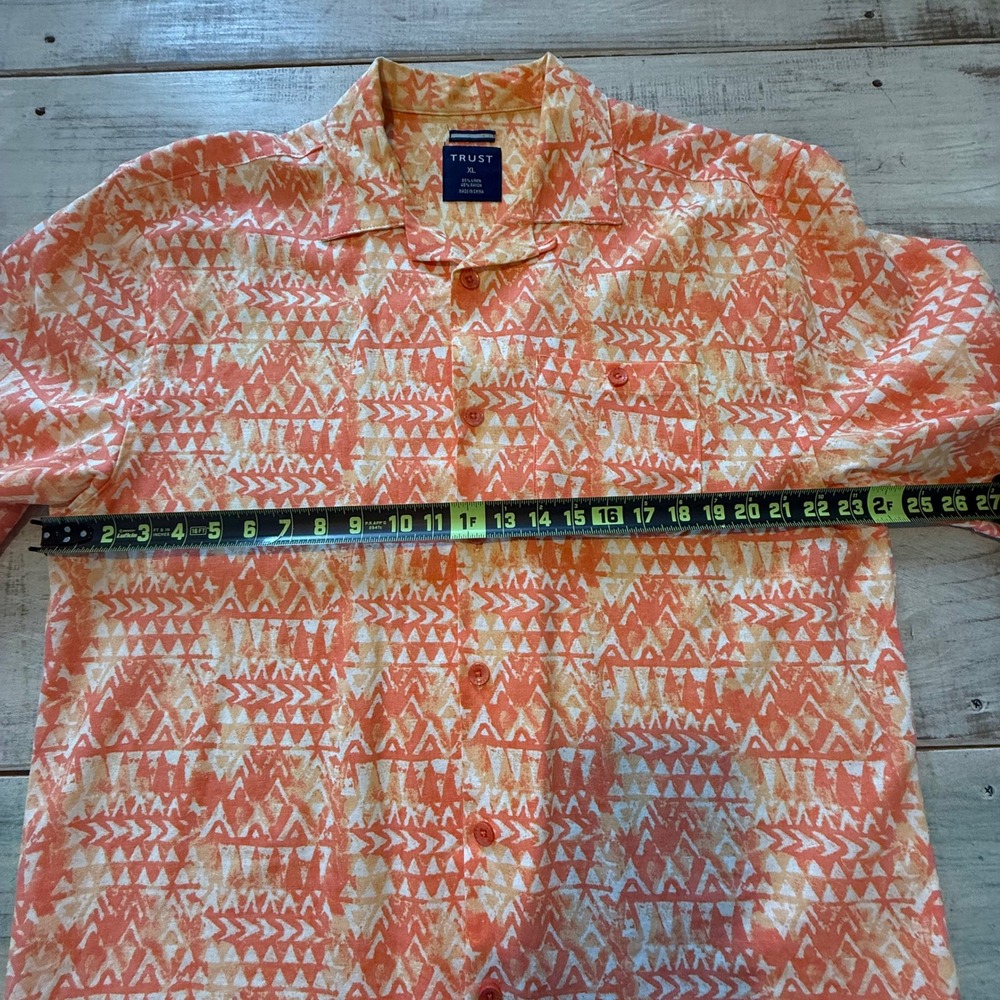 TRUST Mens XL Linen Blend Short Sleeve Button Down Shirt Orange Tribal Geometric - Picture 6 of 7